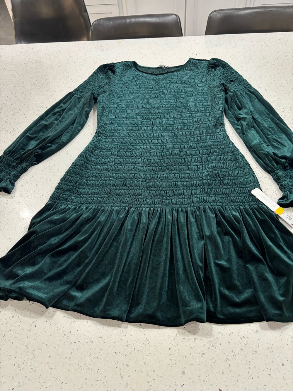 Gianni Bini Emerald Green Smocked Long-Sleeve Mini Dress Size L
